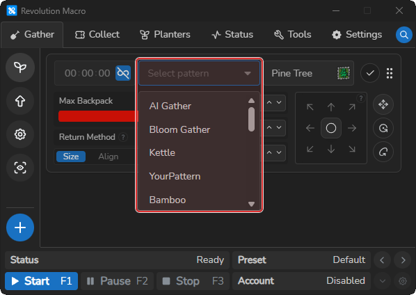 Field pattern picker showing a custom Lua pattern name
