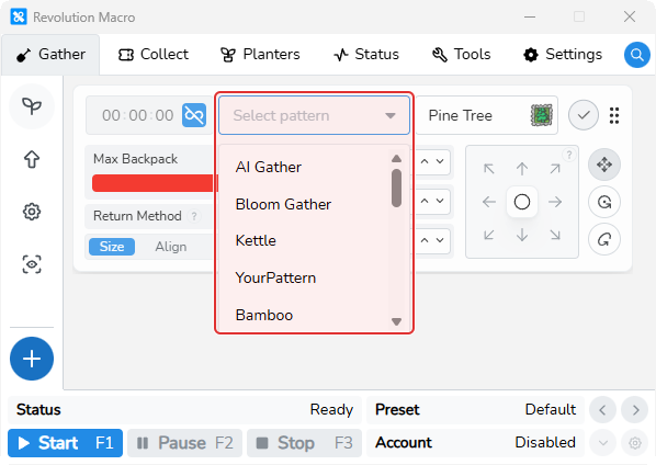 Field pattern picker showing a custom Lua pattern name