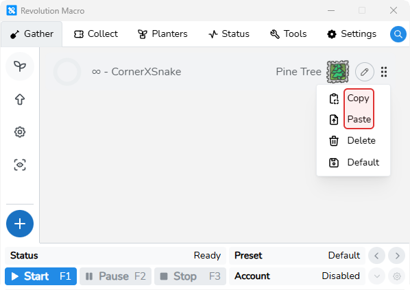 Field card menu with Copy and Paste