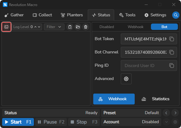 Status logs toolbar with Show Console control