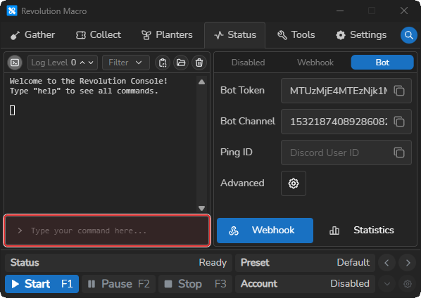 Revolution console open on the Status tab