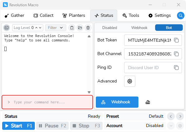 Revolution console open on the Status tab