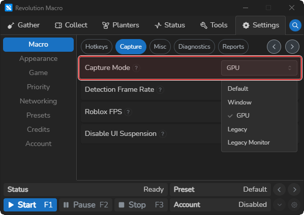 Capture settings showing the Capture Mode dropdown expanded