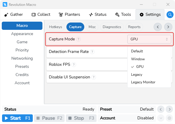 Capture settings showing the Capture Mode dropdown expanded