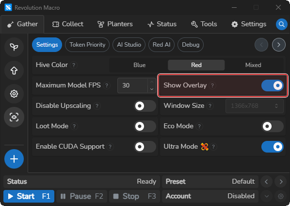 Gather AI Gather Settings with Show Overlay turned on