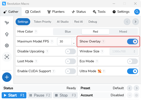 Gather AI Gather Settings with Show Overlay turned on