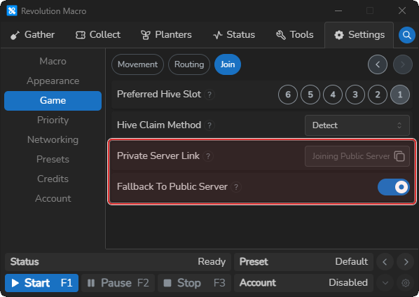 Join settings showing Private Server Link and Fallback To Public Server
