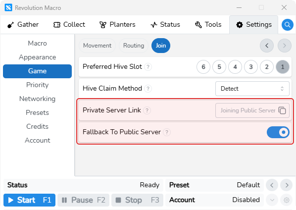 Join settings showing Private Server Link and Fallback To Public Server
