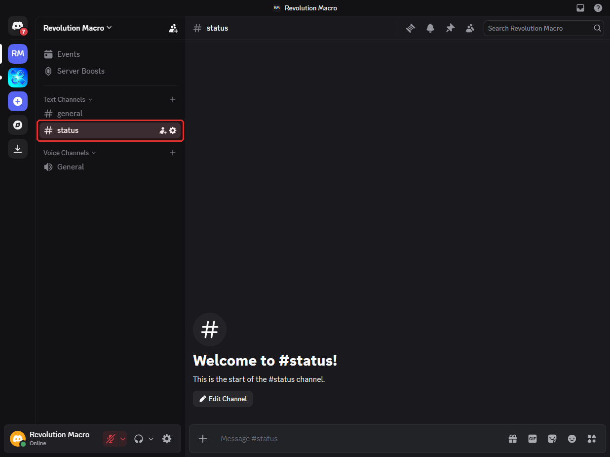 Discord private server with a status channel selected for macro reports