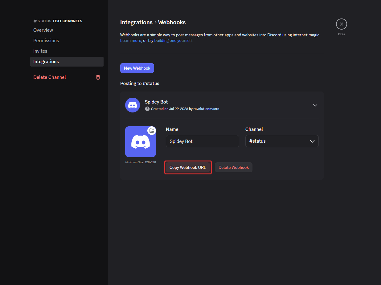 Webhook editor in Discord showing Copy Webhook URL
