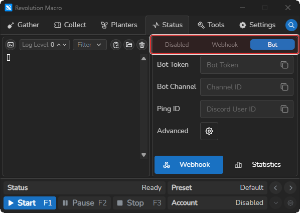 Status Webhook mode selector with Disabled, Webhook, and Bot
