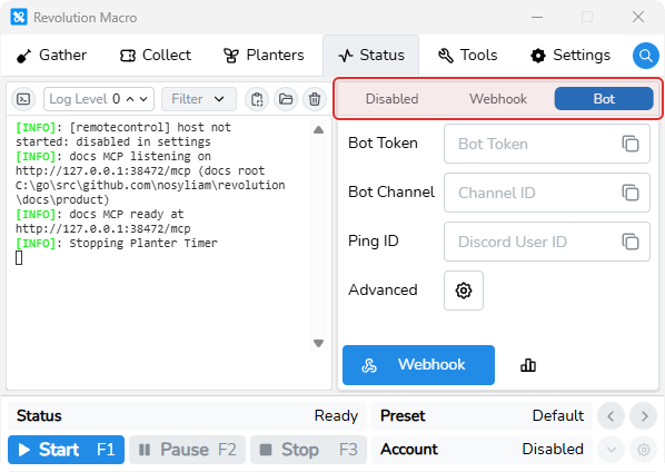 Status Webhook mode selector with Disabled, Webhook, and Bot