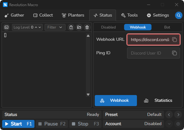 Status Webhook with Webhook URL pasted using the paste icon
