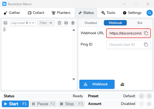 Status Webhook with Webhook URL pasted using the paste icon