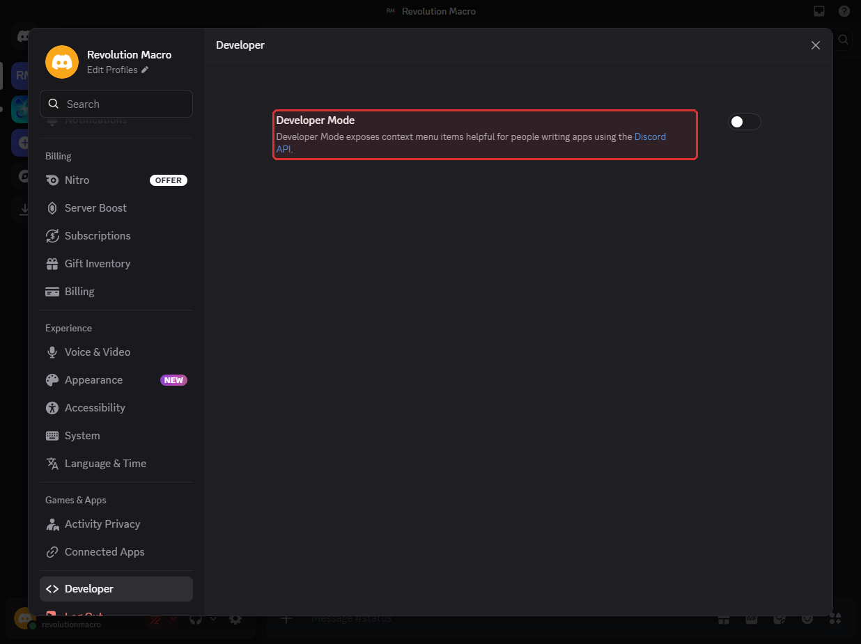 Discord Advanced settings with Developer Mode enabled