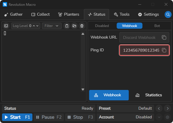 Status Webhook Ping ID field filled with a Discord user ID