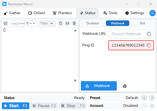 Status Webhook Ping ID field filled with a Discord user ID