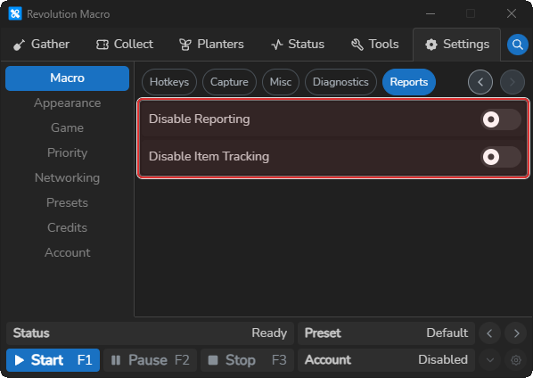 Settings Macro Reports with Disable Reporting and Disable Item Tracking
