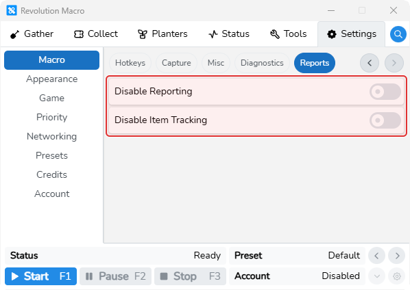 Settings Macro Reports with Disable Reporting and Disable Item Tracking