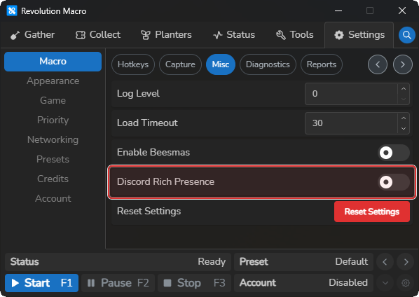 Settings Macro Misc with Discord Rich Presence