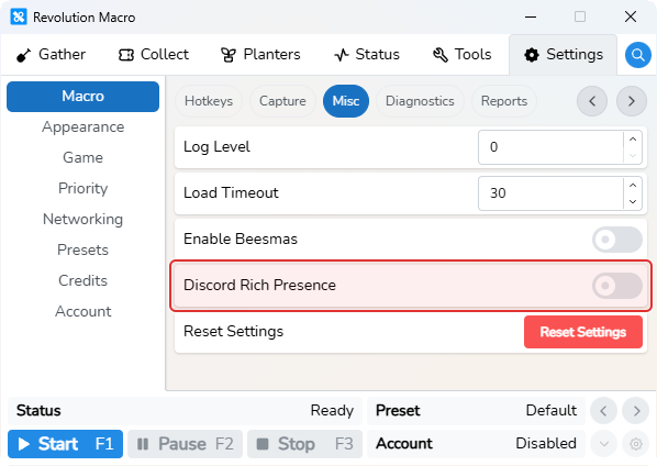 Settings Macro Misc with Discord Rich Presence
