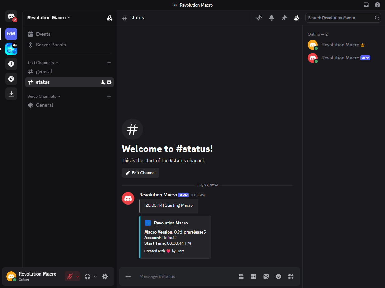 Discord channel showing Revolution Macro startup embed