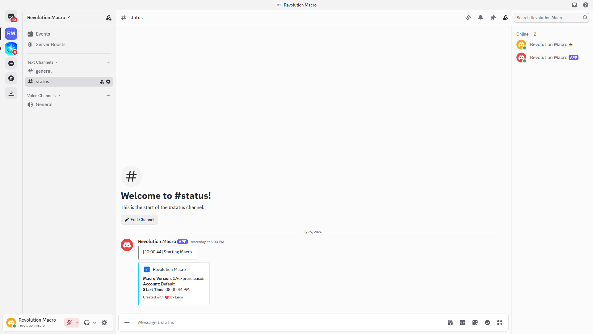 Discord channel showing Revolution Macro startup embed