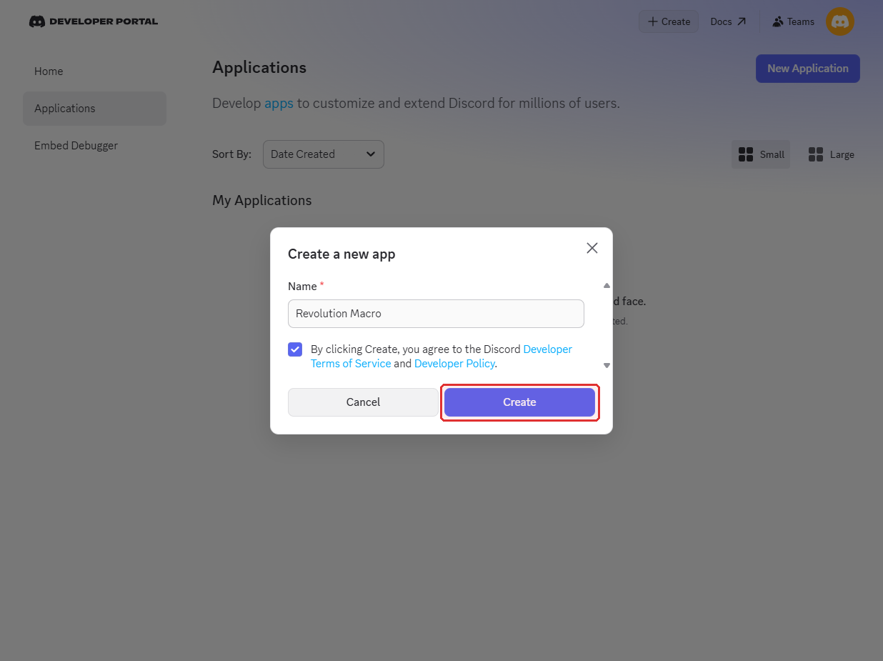 Discord Developer Portal New Application dialog
