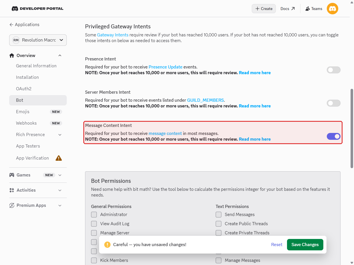 Discord Developer Portal Bot tab with Message Content Intent on