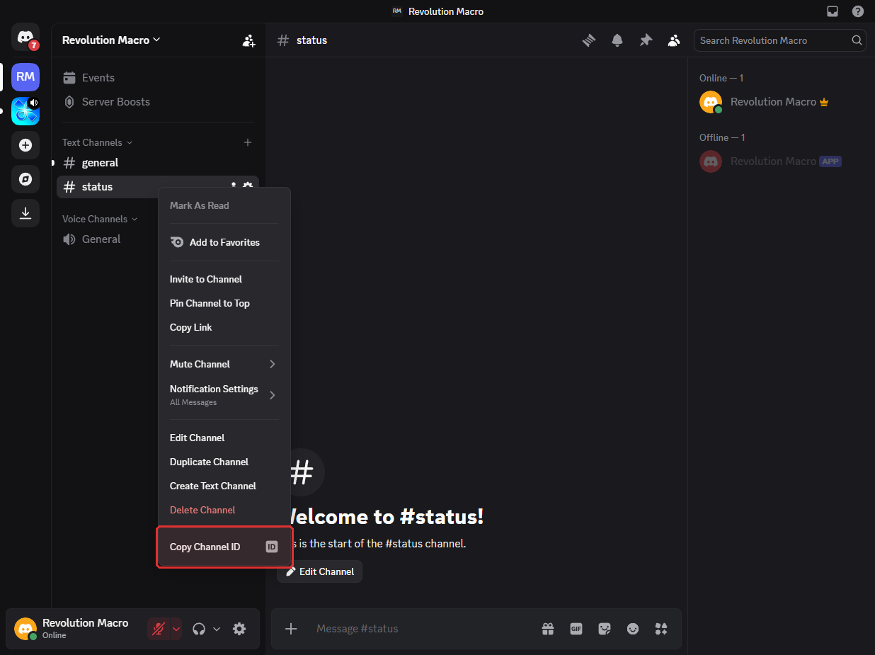 Discord channel menu with Copy Channel ID