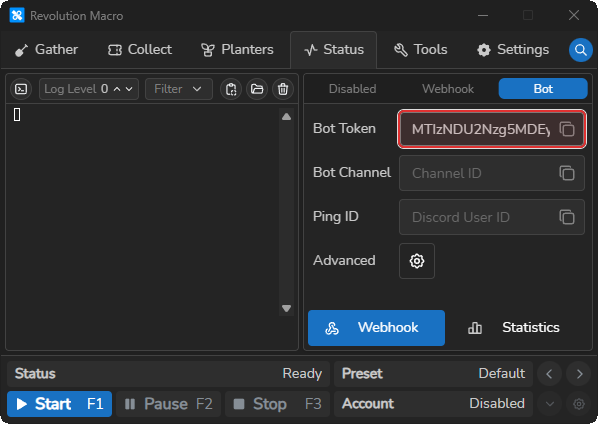 Status Webhook Bot Token field filled with paste icon