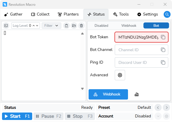 Status Webhook Bot Token field filled with paste icon