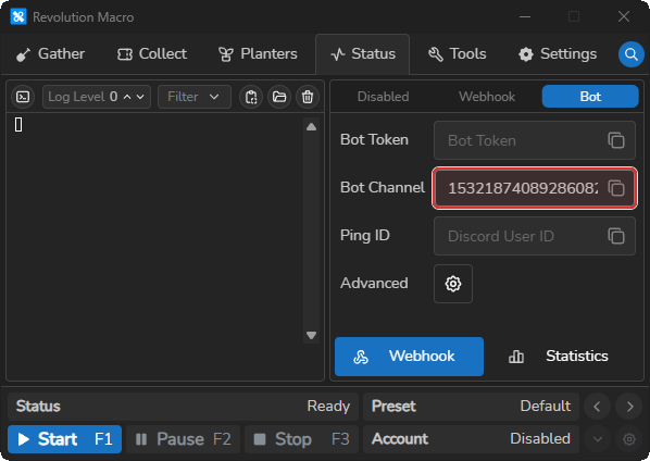 Status Webhook Bot Channel field filled with a channel ID