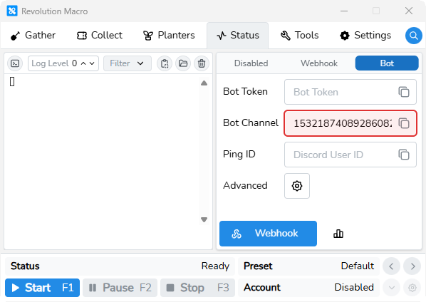 Status Webhook Bot Channel field filled with a channel ID