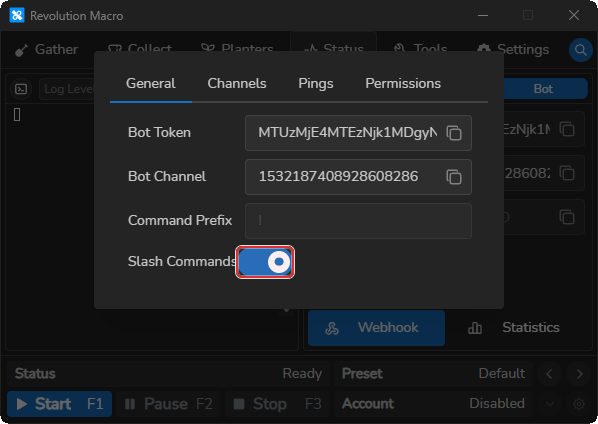 Advanced Discord settings General tab with Slash Commands on