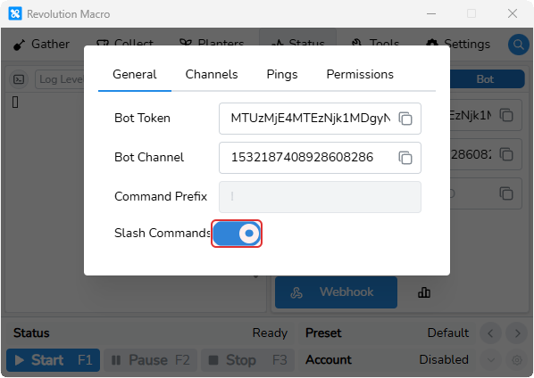 Advanced Discord settings General tab with Slash Commands on