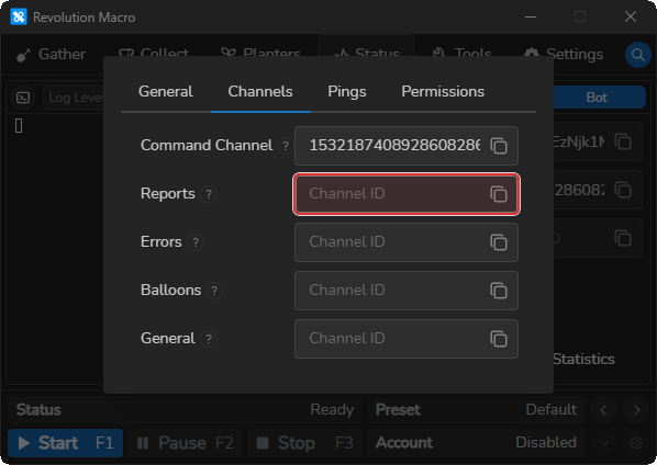 Advanced Discord settings Channels tab with routing fields