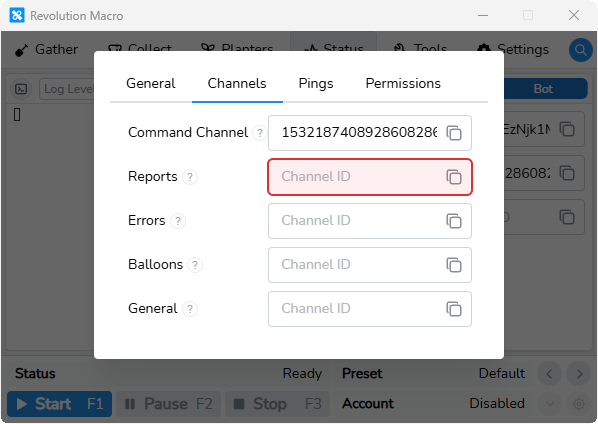 Advanced Discord settings Channels tab with routing fields