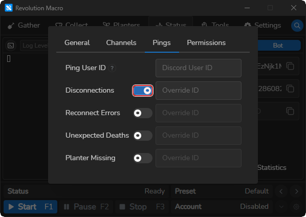 Advanced Discord settings Pings tab with event toggles