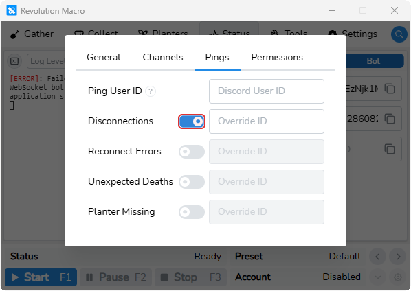 Advanced Discord settings Pings tab with event toggles
