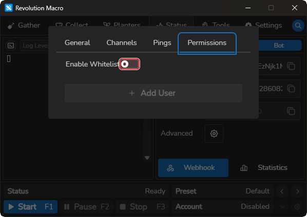 Advanced Discord settings Permissions tab with Enable Whitelist