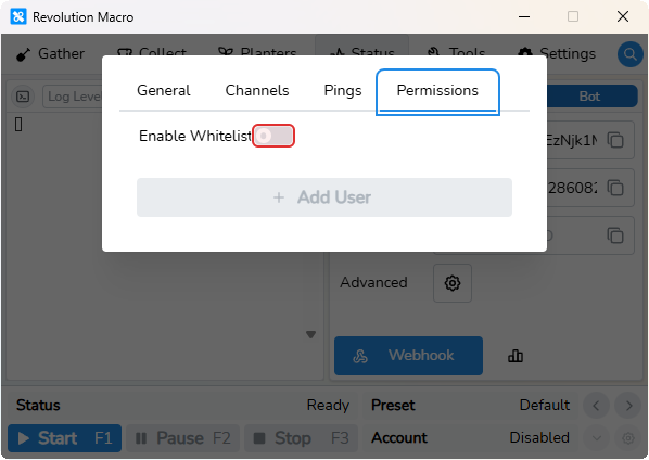 Advanced Discord settings Permissions tab with Enable Whitelist