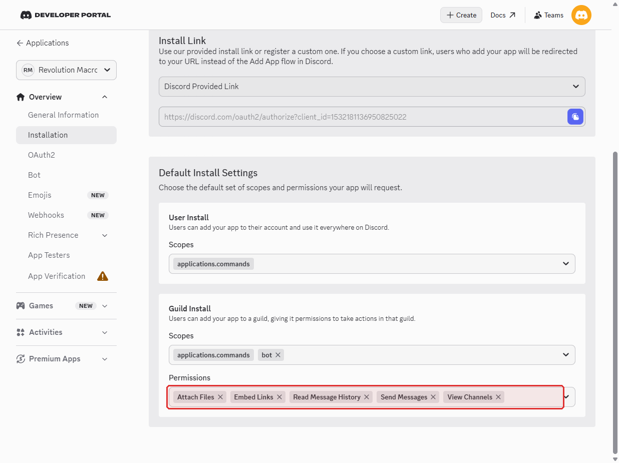 Guild Install Permissions with required bot permissions checked