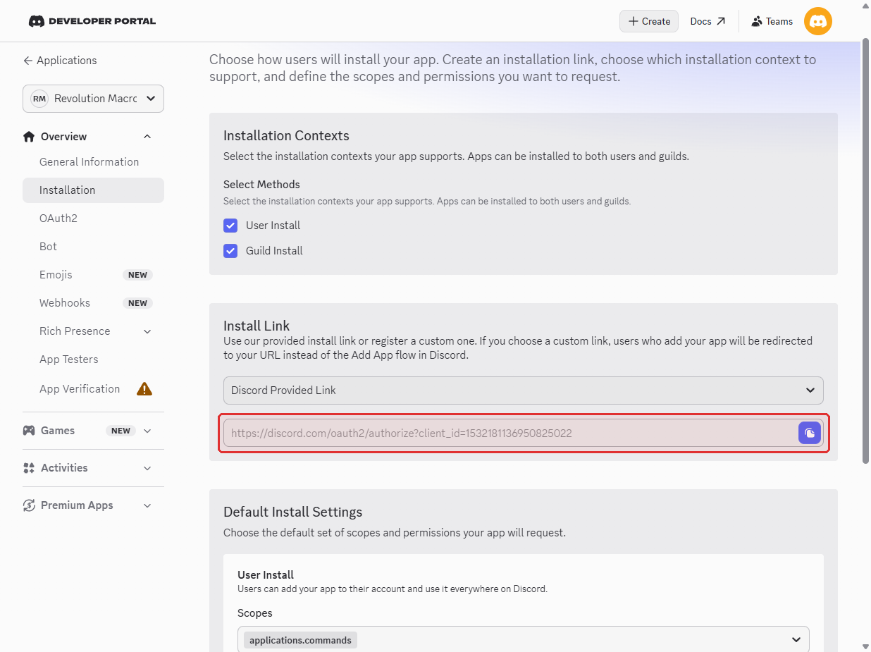 Installation Install Link with Copy button