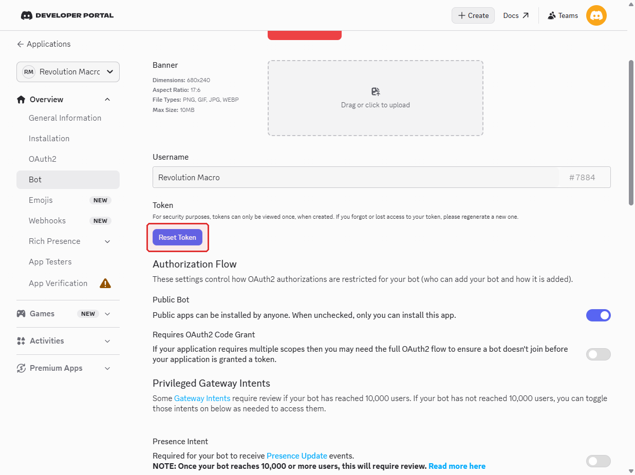 Discord Developer Portal Bot tab with Reset Token