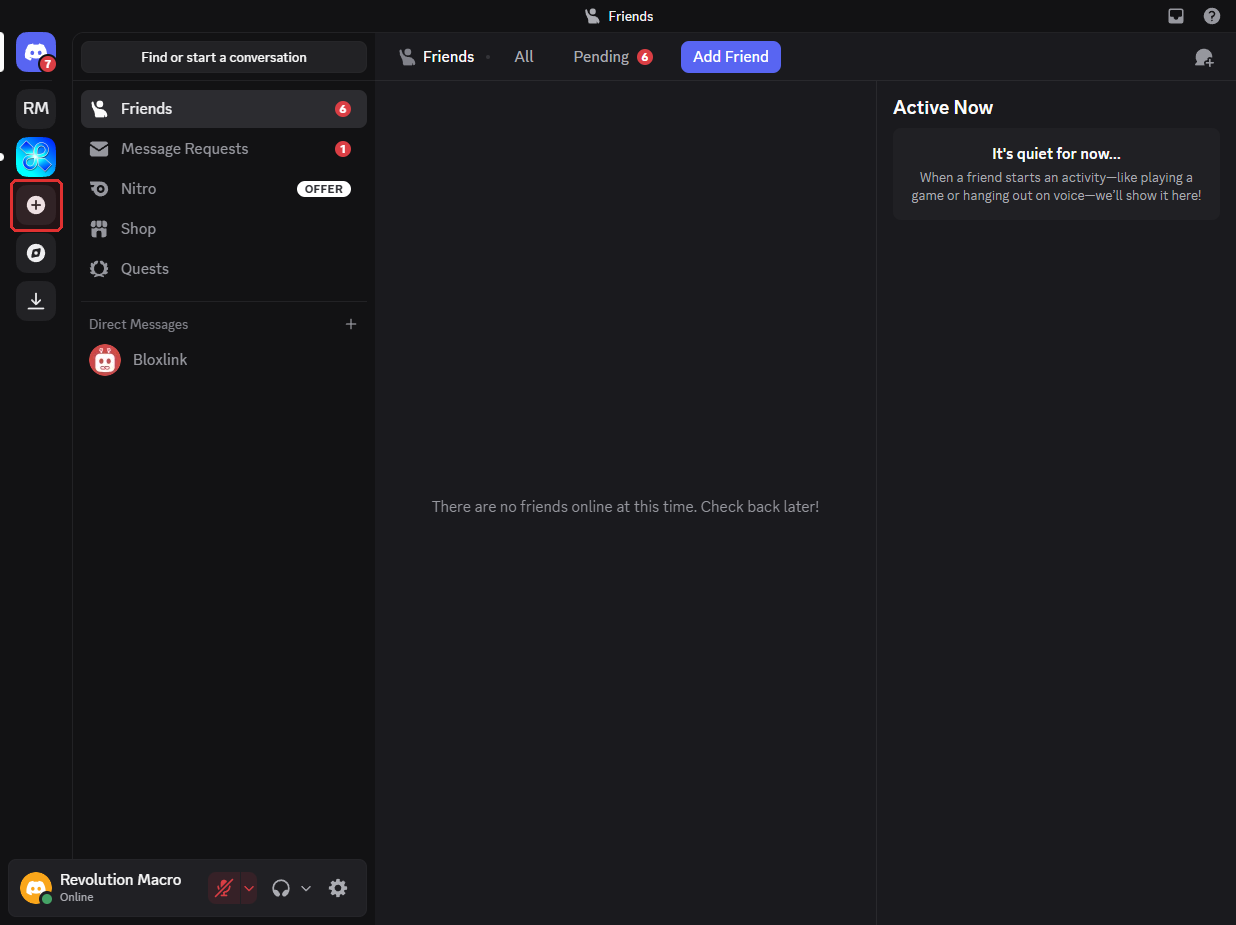 Discord server list with Add a Server plus button
