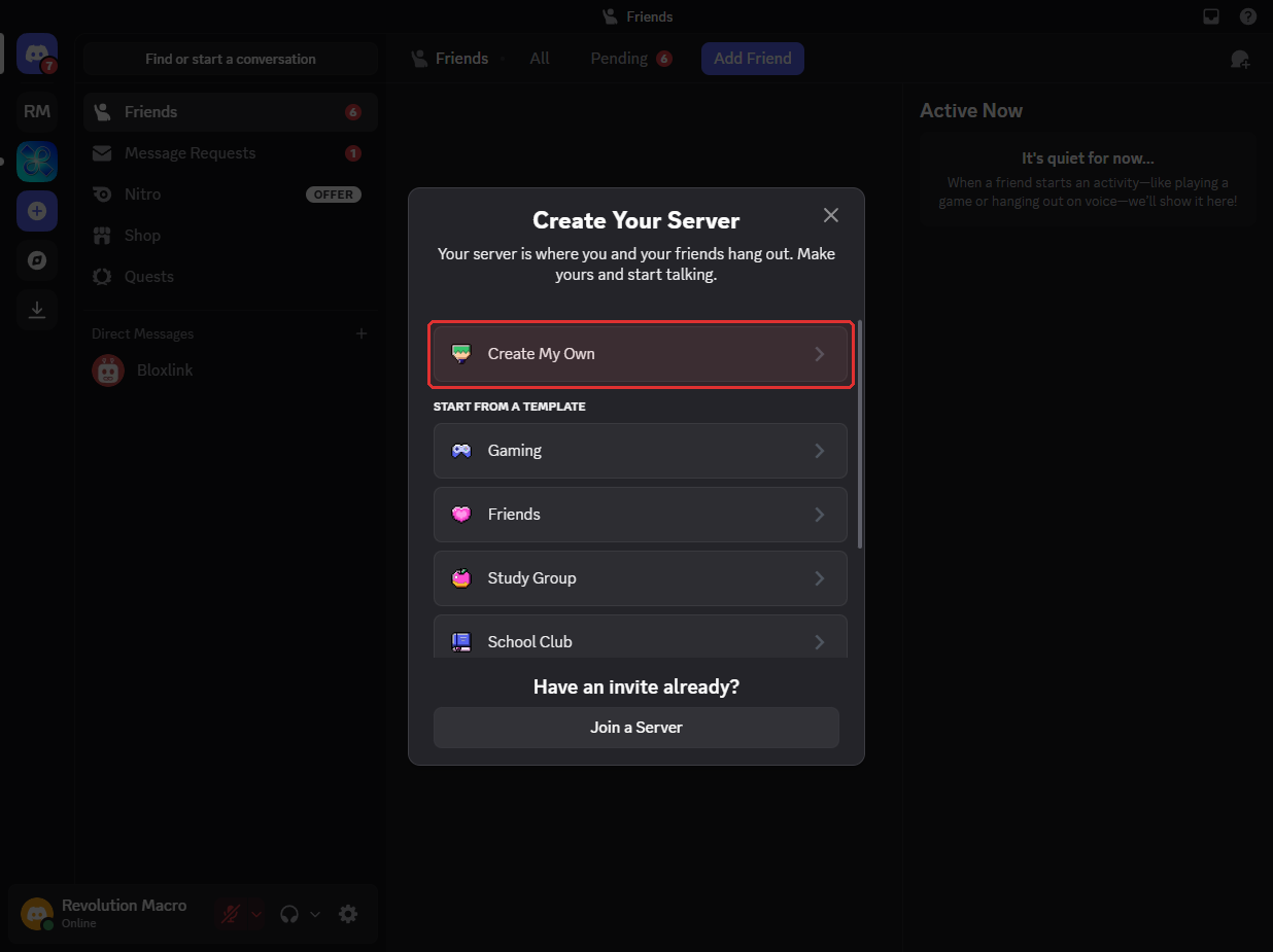 Discord Create Your Server dialog with Create My Own