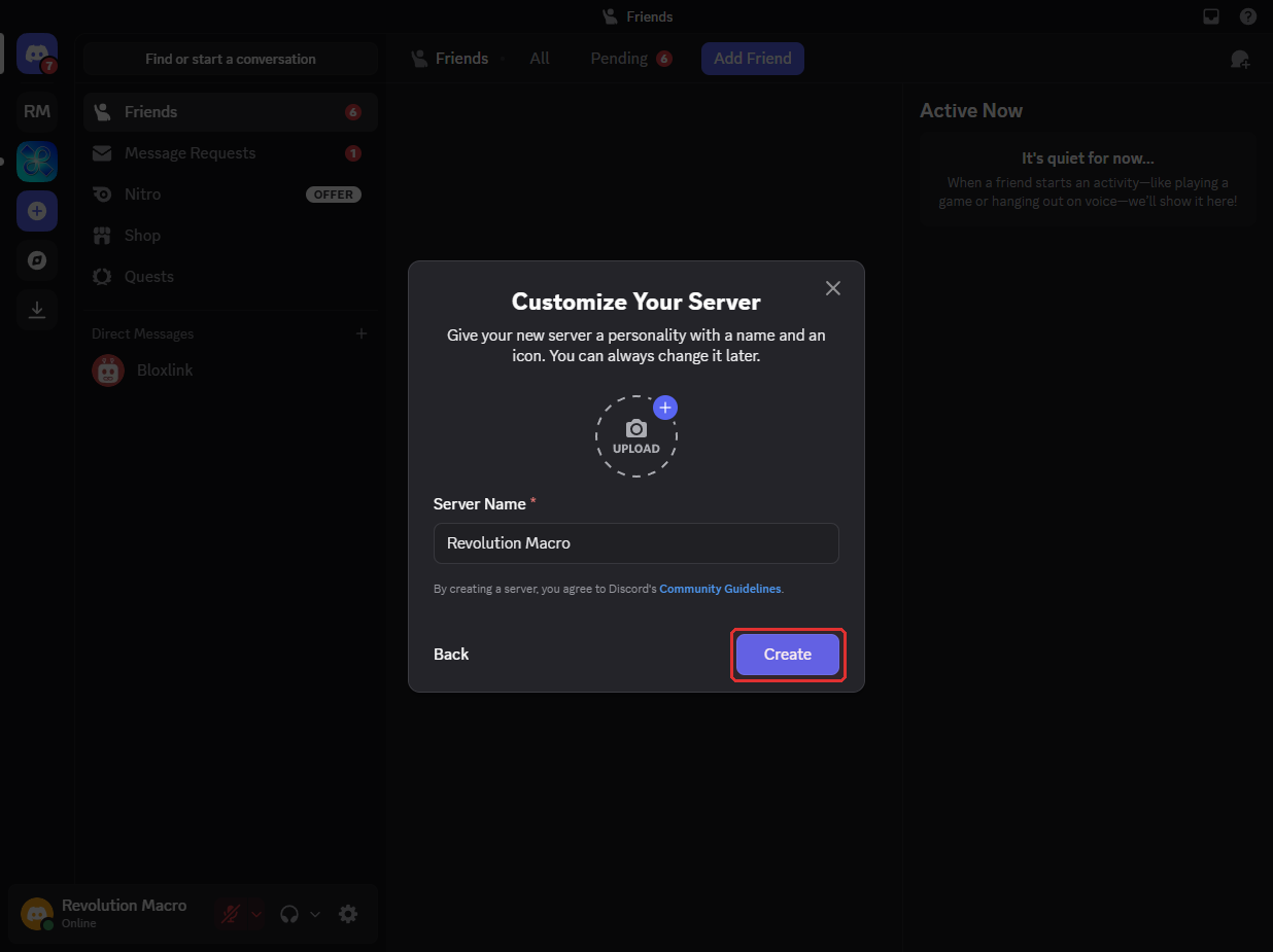 Discord Customize Your Server dialog with Create button