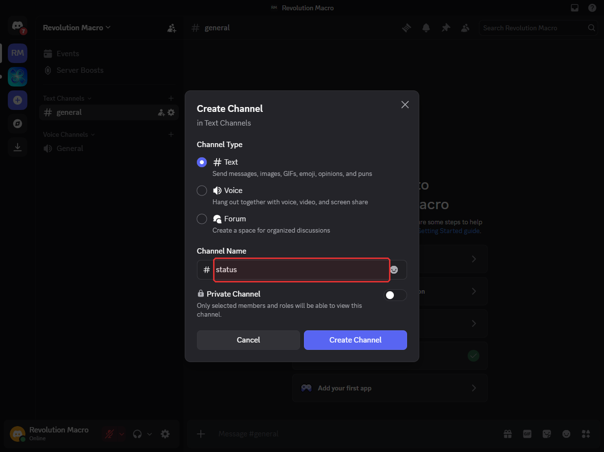 Discord channel list with a status channel for macro reports