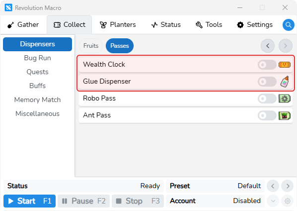 Collect Dispensers Passes tab showing Wealth Clock, Glue Dispenser, Robo Pass, and Ant Pass